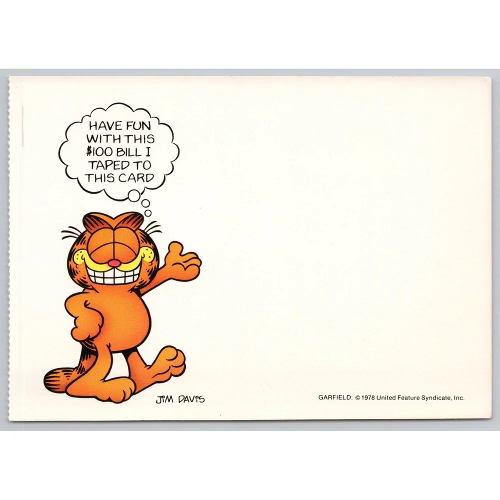 Vintage 1978 Garfield Postcard Jim Davis Have Fun With This $100 Bill B1-1